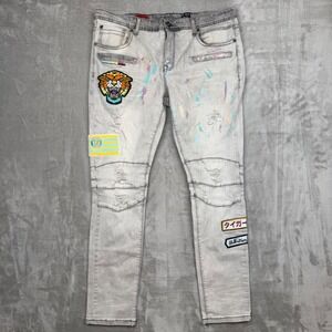 Stall & Dean Denim Grey Biker Jeans Paint Splatter Patches 38x34